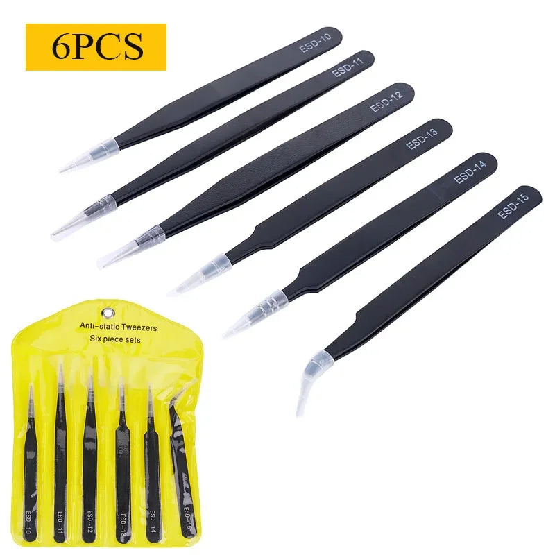 2/6pcs Precision Tweezers Set ESD Anti-Static Stainless Steel Tweezers Repair Tools for Electronics Repair Soldering Craft Tools